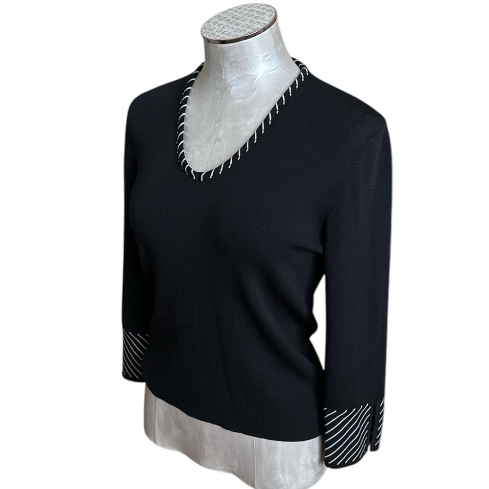 Will Smith Women’s Black V-Neck Sweater with 3/4 sleeves stripe details …